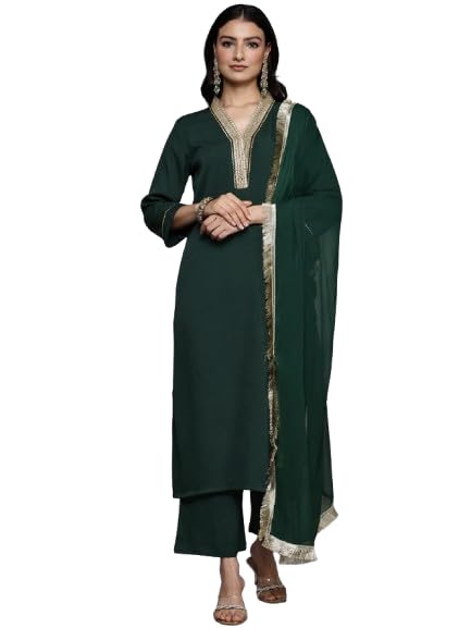 Varanga WomenS Green Gota Lace Embellished Kurta With Bottom And Dupatta