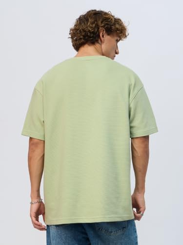 The Souled Store Ottoman: Social Battery Men and Boys Short Sleeves Round Neck Green Embroidered Textured Lightweight Casual Str