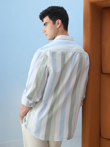 The Souled Store Cotton Linen Stripes: Seaside Men and Boys Long Sleeve Collared Neck Button Front Light Green and White Striped