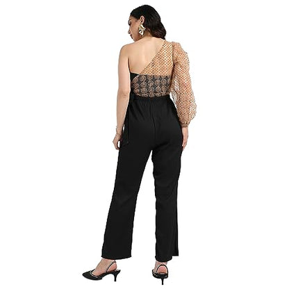 Campus Sutra Womens Pink Self-Design Jumpsuit With Tie-Up Details For Casual Wear | One-Shoulder Neck | Long Sleeve | Tie-Up Cl