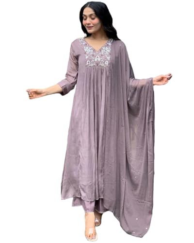 GoSriKi Womens Rayon Blend A-Line Embroidered Kurta with Pant & Dupatta (SHARMI Lavender-GS_S_Lavender_Small)