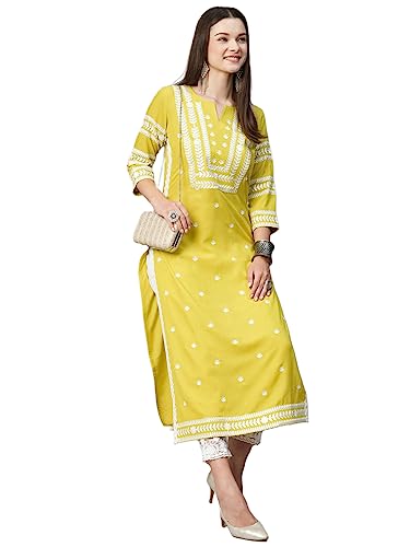 GoSriKi Womens Cotton Blend Chikankari Embroidered Straight Kurta (STHO-Yellow-GS_5XL_Yellow_XXXXX-Large)