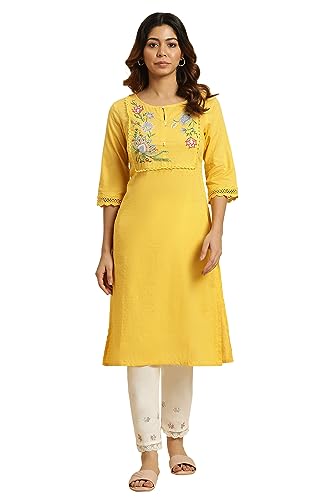 W for Woman Yellow Cotton Swiss Dot Embroidered Kurta