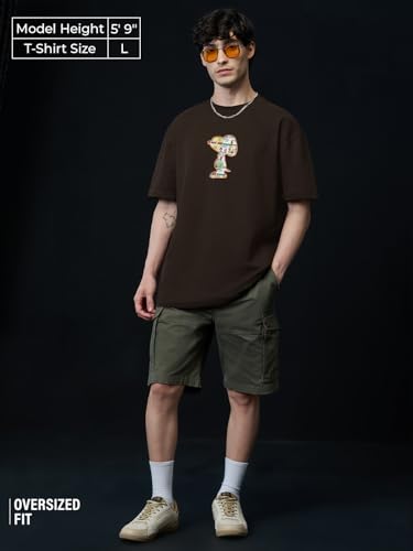 The Souled Store Peanuts: Joe Cool Men and Boys Short Sleeves Round Neck Brown Applique Patch Cotton Oversized T-Shirts