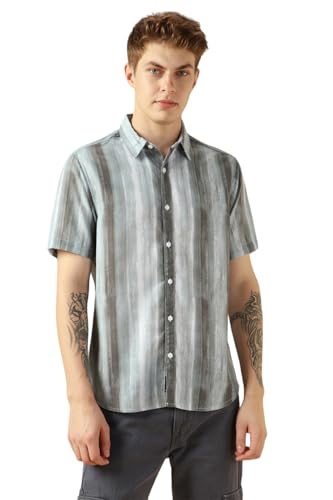 Dennis Lingo MenS Grey Cotton Spread Collar Short Sleeves Printed Shirts