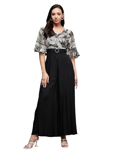 Miss Chase WomenS V Neck Ruffled Sleeve Wide Leg Printed Jumpsuit (Mcss25D93-81-62-06, Black, Xl)