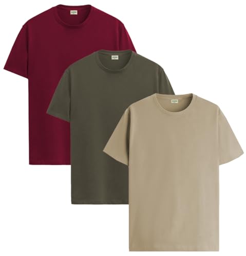 ADRO Men's Solid Regular Fit T-Shirt (RCM3-PLN-MR-OL-BE_Maroon,Olive,Beige