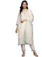 Varanga Women Cream V Neck Thread & Sequence Embroidered Kurta Paired With Bottom & Embroidered Organza Dupatta
