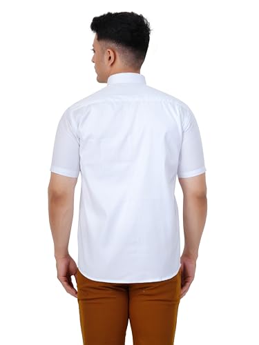 PRAKASAM COTTON Self Design Poly Cotton Moon Light White Half Sleeve Shirt for Mens/Regular Fit Half Sleeve Shirt for Mens