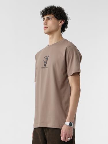The Souled Store Relaxed T-Shirt: Acting Bad Men and Boys Short Sleeves Round Neck Brown Graphic Printed Cotton Relaxed Fit T-Sh
