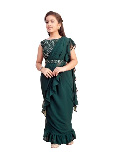 Aarika Girls Ethnic Wear Dark Green Colour Sequin Embroidery Georgette Lehenga Saree With Attachable Dupatta-(3-13 Years)-(SR-26