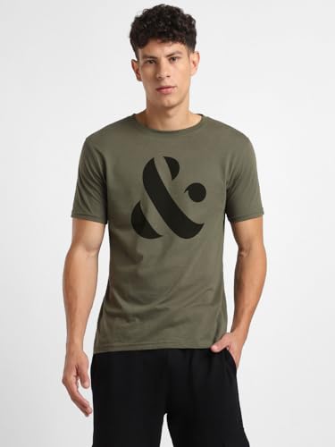 Nobero MenS Graphic Regular Fit T-Shirt (1M-Twts-C0702_Olive Green/Marine