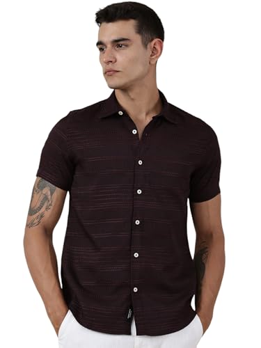 Thomas Scott Short Sleeve Embroderied Casual Shirt for Men Wine