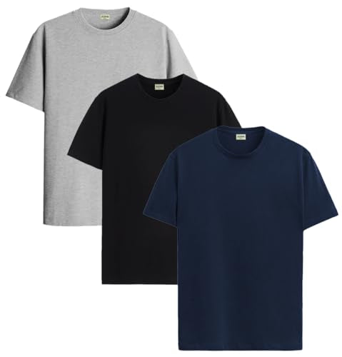 ADRO Men's Solid Regular Fit T-Shirt (RCM3-PLN-BL-NB-GR_Black,Navy,Grey