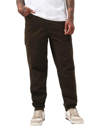 Bewakoof Mens Solid Tapered Fit Twill Cargo Pant_648622_Brown_32