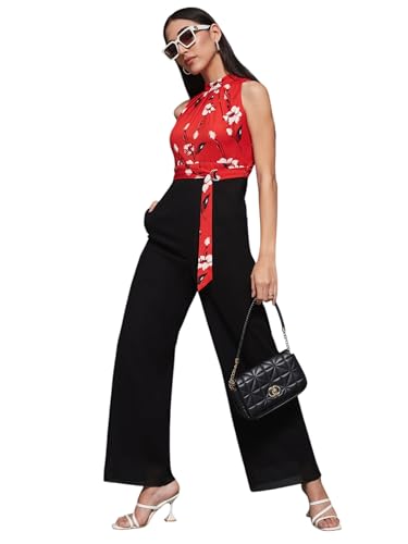 Miss Chase WomenS Halter Sleeveless Floral Halter Jumpsuit (Mcss24D19-57-215-06, Red & Black, Xl)