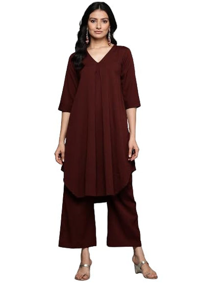 Varanga Women Maroon V Neck Kurta Set