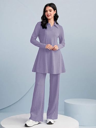 Tadkee Women Polyester Solid Color Two-Piece Set | Long Sleeve Top & Wide Leg Pants Co-Ord Set | Casual Wear Co Ord Set (Fn-Full