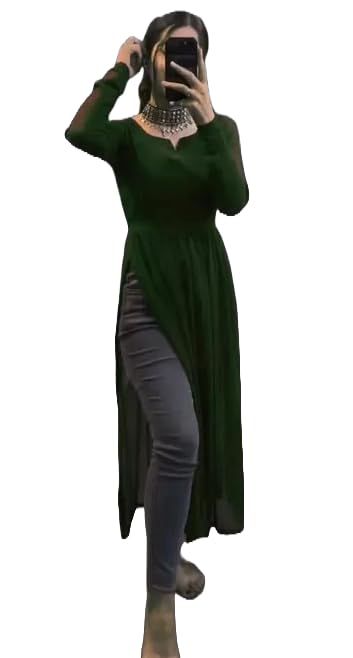 Fashion2Wear WomenS Georgette Kurta With Full Sleeves Notch Neck Knee Length Solid Pattern A Line Style And Regular Fit Green