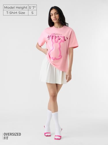 The Souled Store Oversized T-Shirt: Bunny Women and Girls Short Sleeves Round Neck Pink Embroidered Cotton Oversized T-Shirts