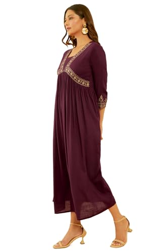 Soch Womens Wine Rayon Slub Floral Embroidered Empire Ethnic Dress