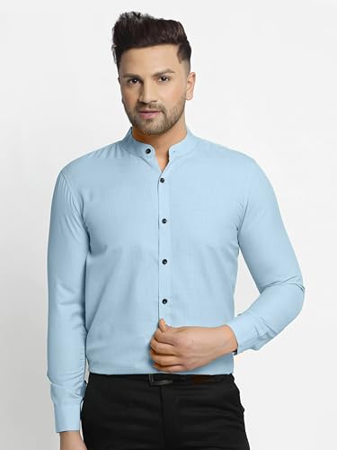 Mildin MenS Regular Cotton Blend Sky Blue Slim Fit Solid Button Down Mandarin Chinese Collar Full Sleeve Curved Hemline Casual