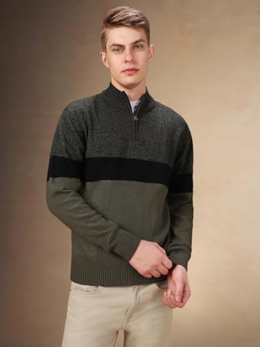 Dennis Lingo Men Colorblock Acrylic Regular Fit Full Sleeves Pullover Sweater Black