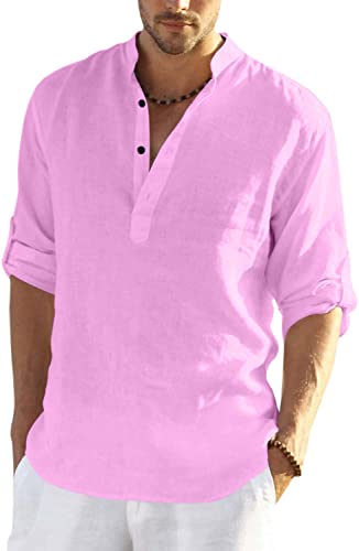 Hemadhav MenS Regular Fit Cotton Blend Casual Kurta Light Pink
