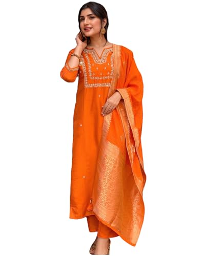 ANNI DESIGNER Womens Silk Blend Straight Embroidered Kurta with Pant & Dupatta (MANUSHI Orange-VKS02_S_Orange_Small)