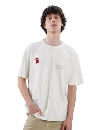 The Souled Store Originals: Real Life Story Men and Boys Short Sleeve Round Neck White Embroidered Cotton Oversized T-Shirts