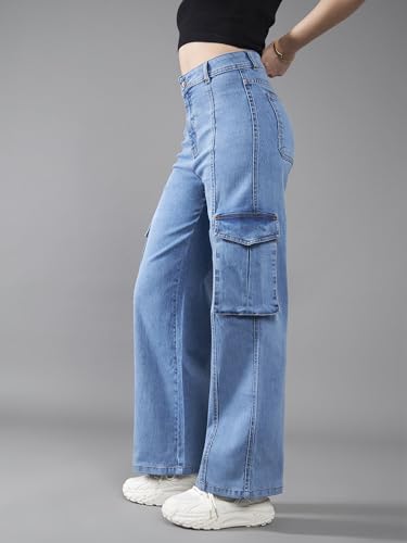Dolce Crudo Womens Wide Leg High Rise Clean Look Regular Length Stretchable Patch Pocketed Denim Jeans (DOSS24DEN67-05-115-26,