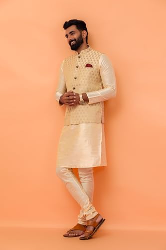 Kisah Men Red Layered Kurta Churidar With Nehru Jacket, Full Sleaves, Knee Length, Straight, Regular Fit, Mandarin Collar Ethnic