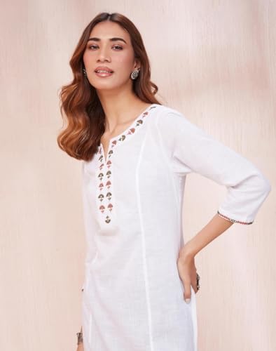 Fabindia WomenS Cotton Embroidered Slim Kurta (1037276White_White