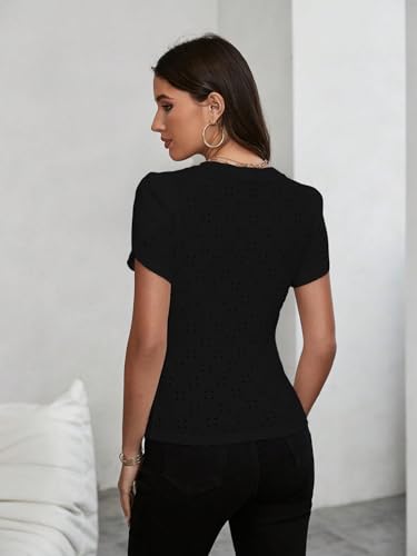 Sugathari Girls & Womens Black Eyelet Embroidery Knitted V Neck Casual Slim Fit Women T-Shirt, Short Sleeve Schiffli Crop Top,