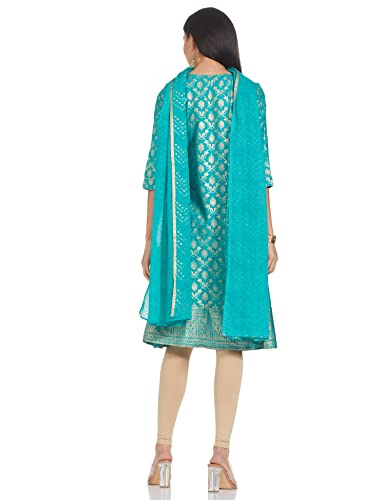 Aurelia Women's Viscose Teal Green Geometric Round Neck A-Line Kurta Set