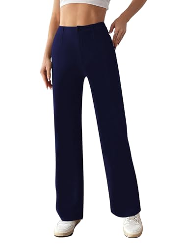 Toochki Women Spandex Pant Half-Elasticated Waist Regular Slim Fit Trouser, Pants for Office School Formal Casual Daily Use Navy