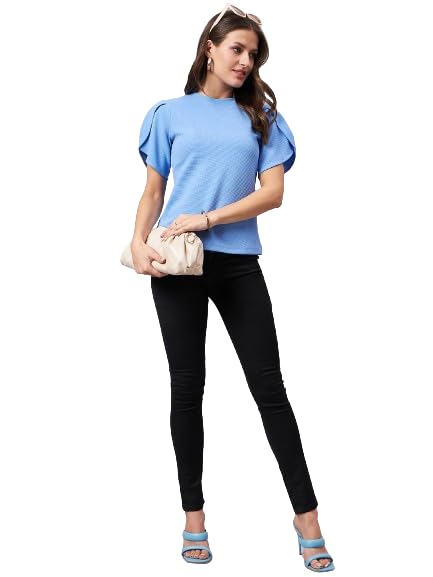Style Quotient Women Solid Powder Blue Poly Knit Smart Casual Regular Top