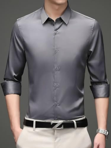 Indoprimo MenS Premium Solid Satin Casual Party Shirt Full Sleeve Darkgrey