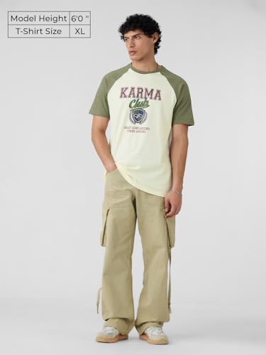 The Souled Store Karma Men and Boys Short Sleeves Round Neck Green Graphic Printed Regular Fit Cotton T-Shirts