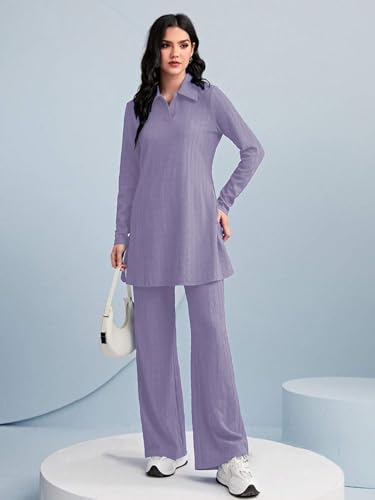 Tadkee Women Polyester Solid Color Two-Piece Set | Long Sleeve Top & Wide Leg Pants Co-Ord Set | Casual Wear Co Ord Set (Fn-Full