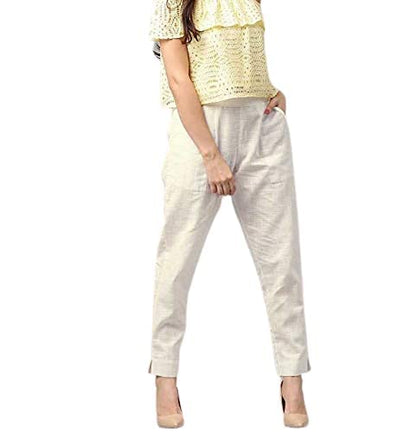 Digital Shopee Regular Fit Elastic Waist Ankle Length Cotton Casual Trouser With Two Side Pockets For Women White