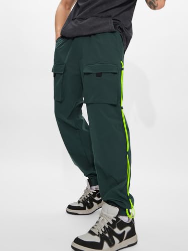 The Souled Store Solids: Dark Green Men and Boys Drawstringed Cotton Blend Baggy Fit Cargo Joggers