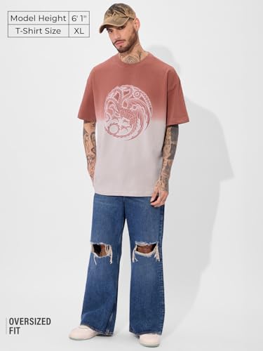 The Souled Store Official House of Dragon: Ombre Logo Oversized T-Shirt for Men Boys Cotton Casual Half Sleeves Baggy Loose Fit