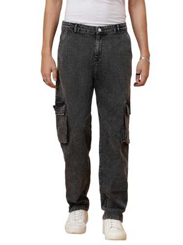 KOTTY Mens Solid Mid Rise Straight Fit Stylish Looking Cargo Jeans(Grey,30)