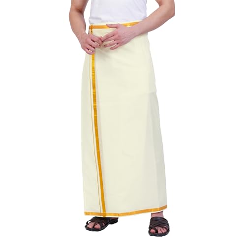 Prakasam Cotton Mens Free Size Stitched Double Layer Cream Dhoti/Mens Cotton Double Stitched Dhoti (Pack Of 1 Dhoti Only)