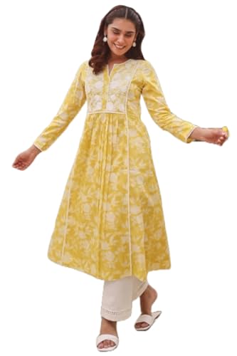 ANNI DESIGNER Womens Rayon Blend Anarkali Embroidered Kurta (RUPINI Yellow -VKS01_L_Yellow_Large)