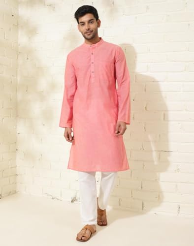Fabindia MenS Cotton Solid Slim Kurta (1035965Coral_Coral
