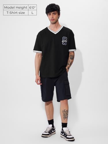 The Souled Store Varsity T-Shirt: Blue Blaze Oversized T-Shirt For Men Boys Cotton Casual Half Sleeves Baggy Loose Fit Drop Shou