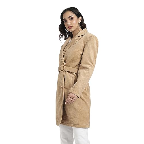 Campus Sutra Womens Beige Single-Breasted Long Coat with Belted Waist for Casual Wear | Lapel Collar | Long Sleeve | Button Clo
