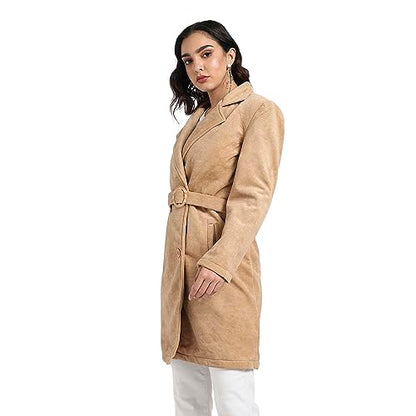Campus Sutra Womens Beige Single-Breasted Long Coat with Belted Waist for Casual Wear | Lapel Collar | Long Sleeve | Button Clo